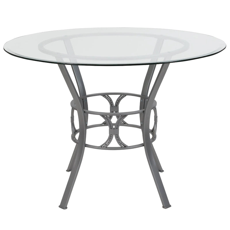 42 Round Glass Dining Table with Crescent Style Metal Frame
