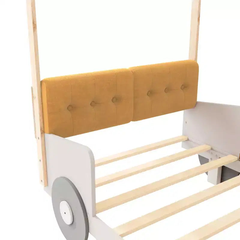 Letto a forma di Auto Whisen in Legno con Cuscino, Baldacchino in Tessuto e LED - Naturale
