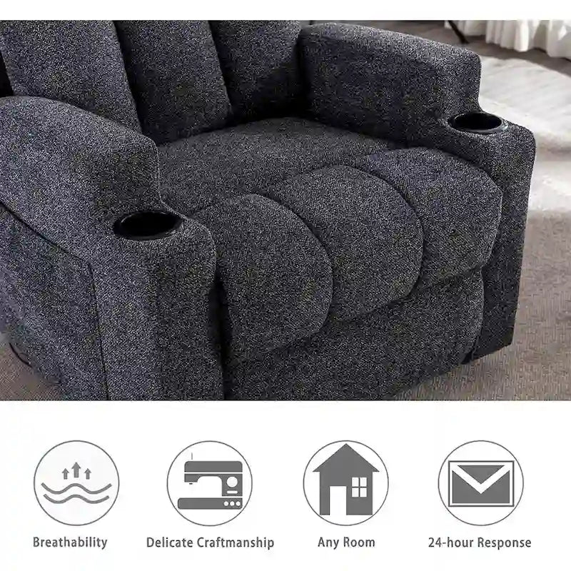 Manual Recliner Massage and Heating Chair Sofa with 2 Cup Holders Breathable Fabric