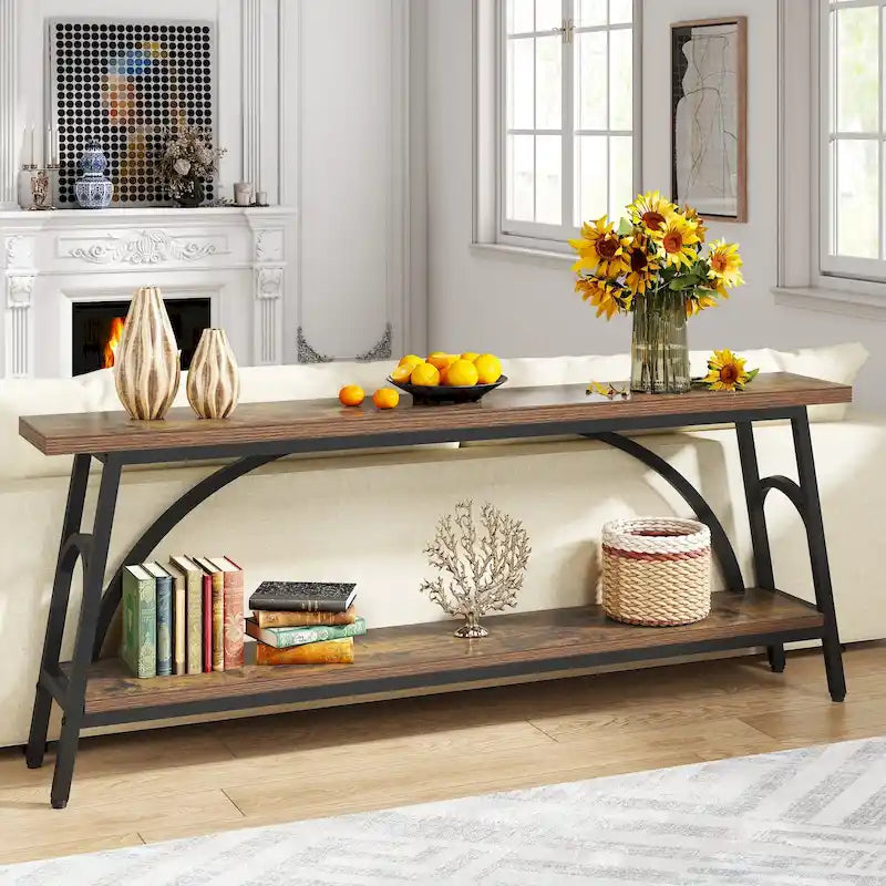 70.8 Extra Long Console Table, Narrow Sofa Tables with 2 Tier Storage Shelves