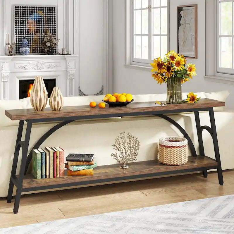 70.8 Extra Long Console Table, Narrow Sofa Tables with 2 Tier Storage Shelves