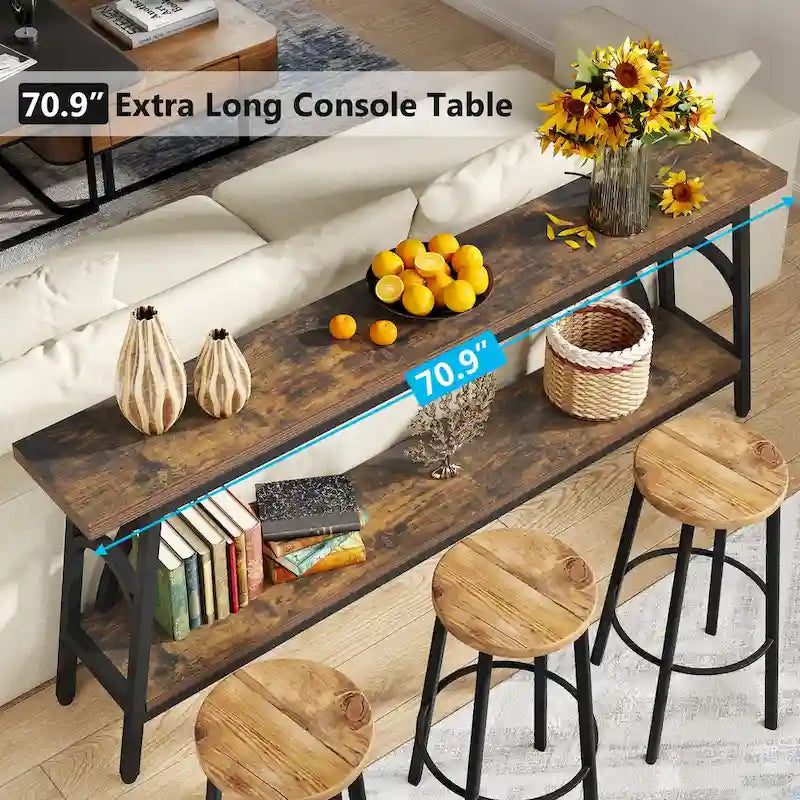 70.8 Extra Long Console Table, Narrow Sofa Tables with 2 Tier Storage Shelves