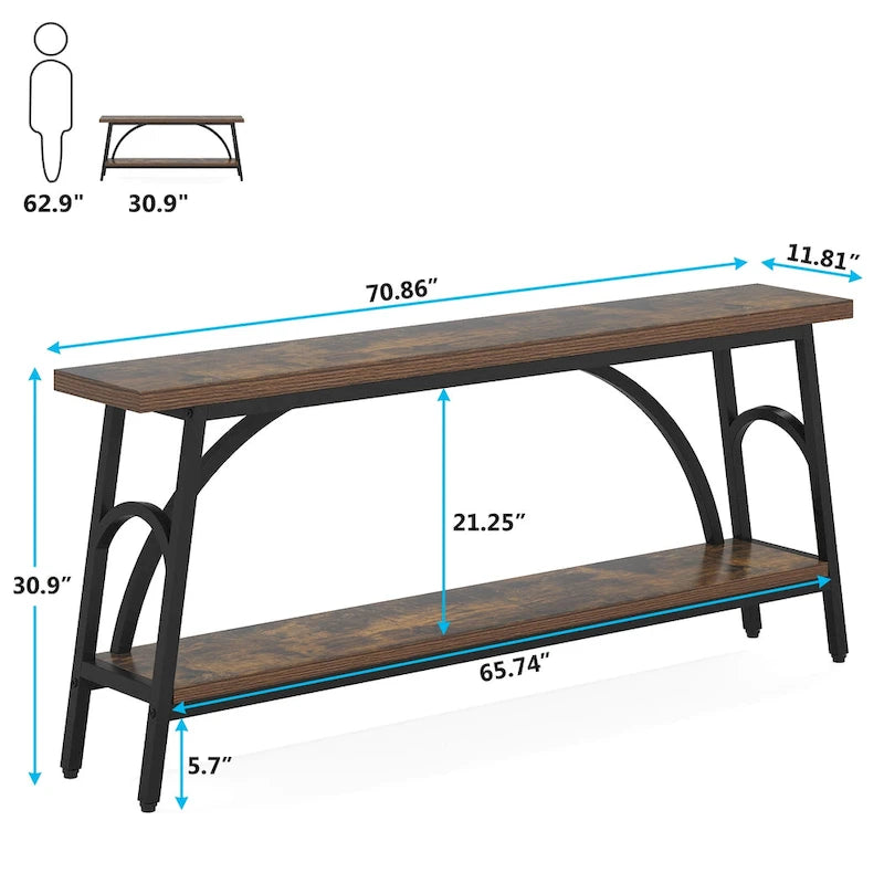 70.8 Extra Long Console Table, Narrow Sofa Tables with 2 Tier Storage Shelves