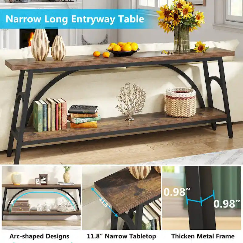 70.8 Extra Long Console Table, Narrow Sofa Tables with 2 Tier Storage Shelves