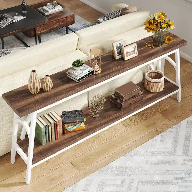 70.8 Extra Long Console Table, Narrow Sofa Tables with 2 Tier Storage Shelves
