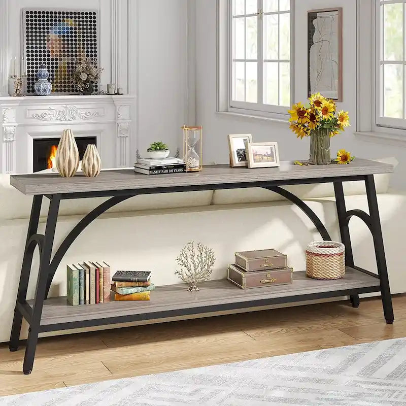 70.8 Extra Long Console Table, Narrow Sofa Tables with 2 Tier Storage Shelves