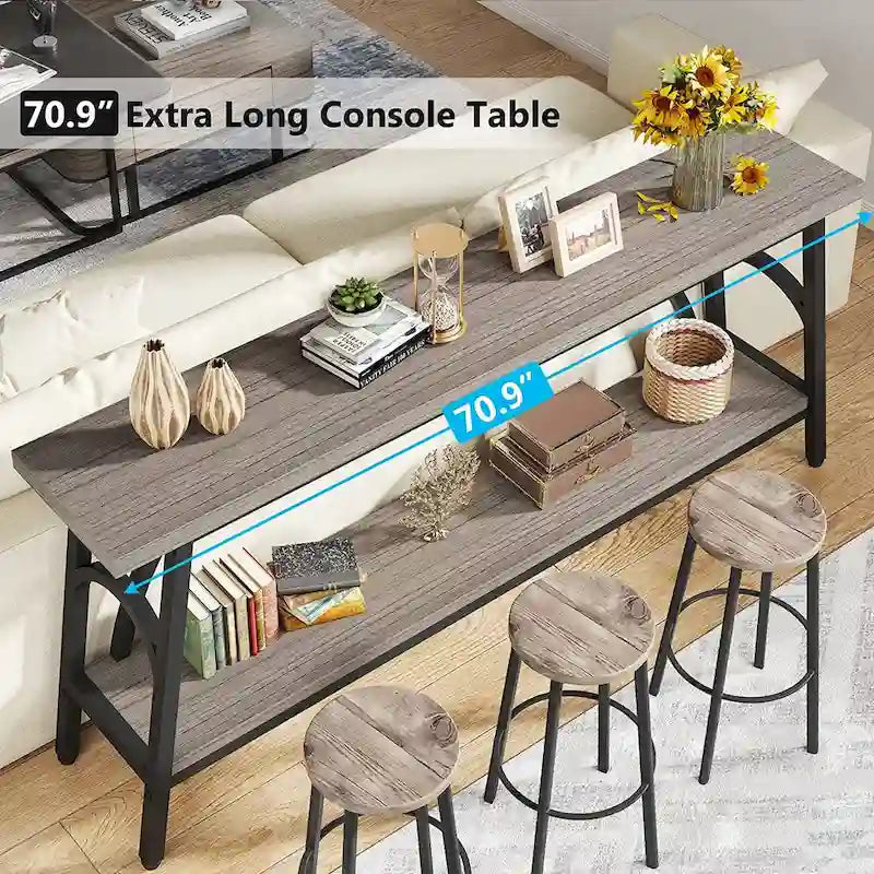 70.8 Extra Long Console Table, Narrow Sofa Tables with 2 Tier Storage Shelves