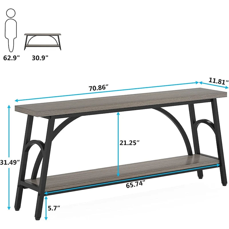 70.8 Extra Long Console Table, Narrow Sofa Tables with 2 Tier Storage Shelves