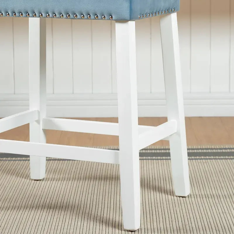 Roundhill Furniture Morovo Set of 2 Velvet Counter Height Stools with Tufted Saddle Seats, White-Wash Finish