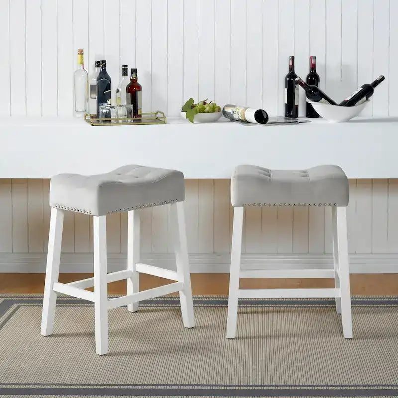 Roundhill Furniture Morovo Set of 2 Velvet Counter Height Stools with Tufted Saddle Seats, White-Wash Finish