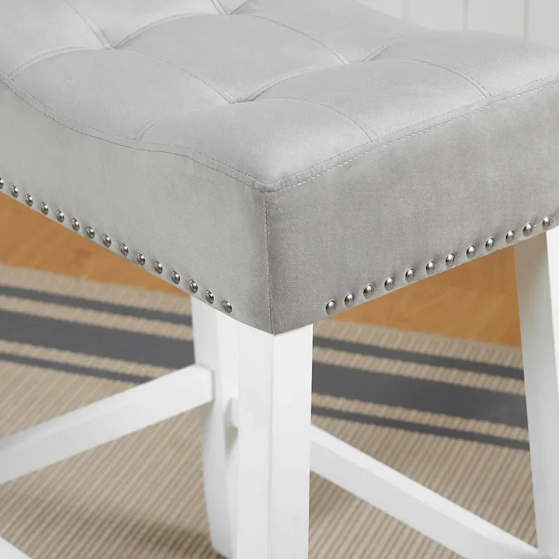 Roundhill Furniture Morovo Set of 2 Velvet Counter Height Stools with Tufted Saddle Seats, White-Wash Finish