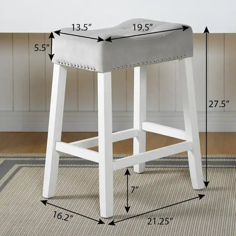 Roundhill Furniture Morovo Set of 2 Velvet Counter Height Stools with Tufted Saddle Seats, White-Wash Finish