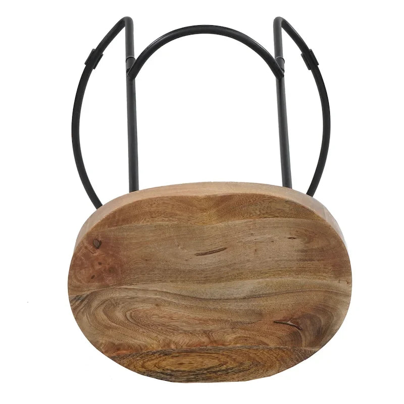 Sgabello da bar senza schienale artigianale da 24 pollici, sedile spesso a sella in legno di mango marrone naturale, base in ferro nero