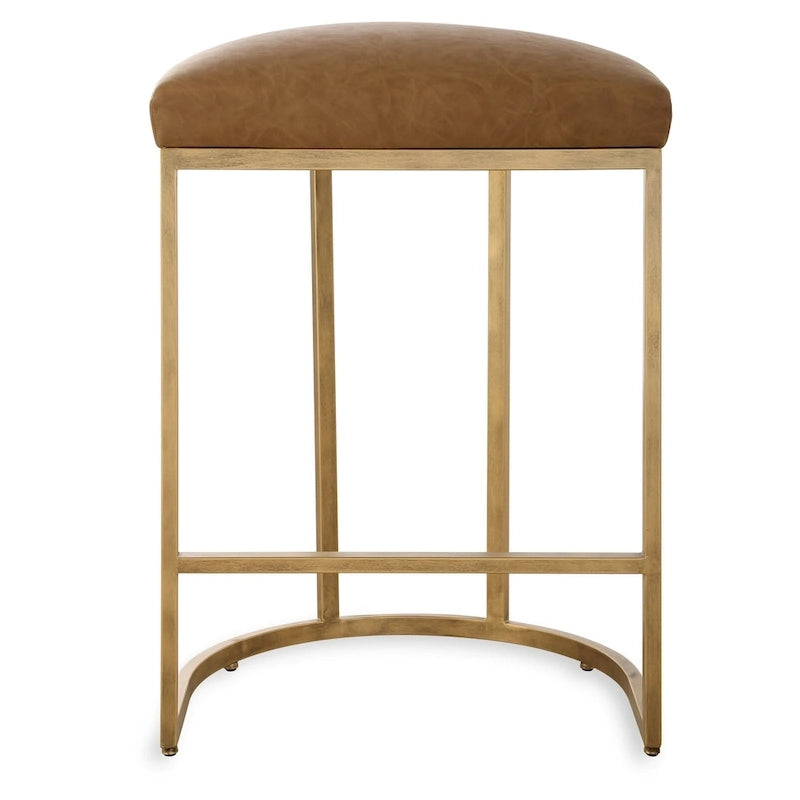 Sgabello da bancone con base in metallo color oro a mezza luna e cuscino color cammello