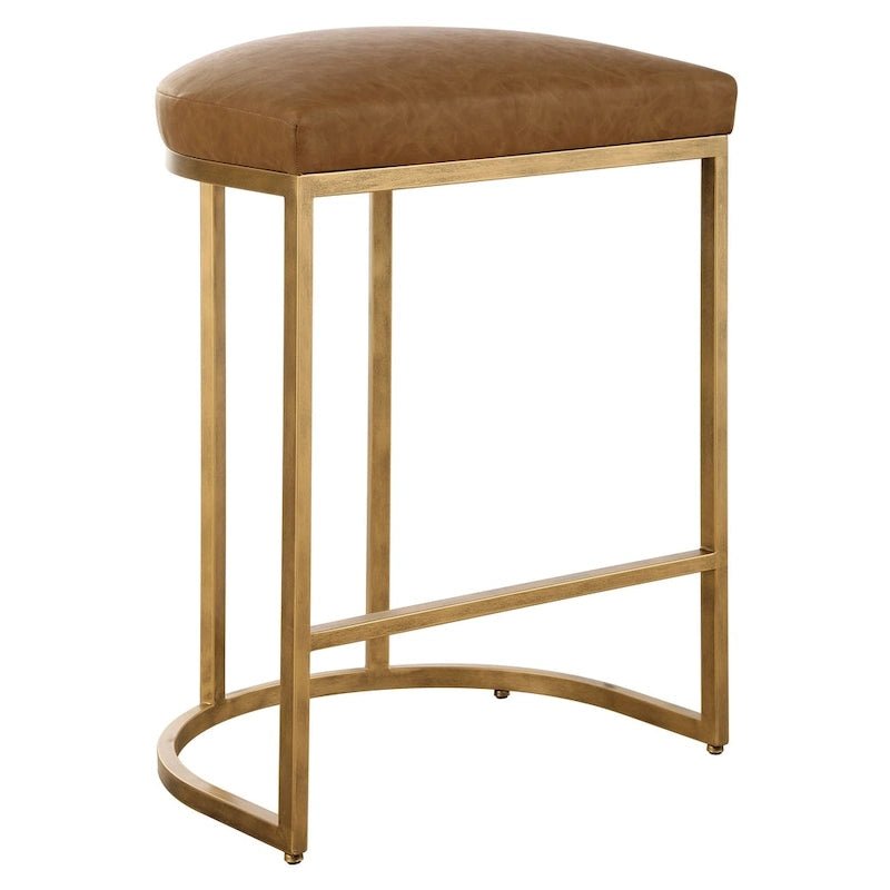 Sgabello da bancone con base in metallo color oro a mezza luna e cuscino color cammello
