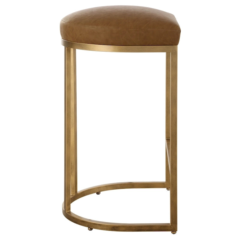 Sgabello da bancone con base in metallo color oro a mezza luna e cuscino color cammello