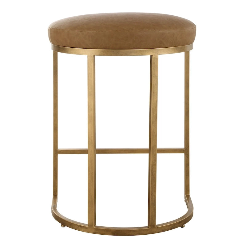 Sgabello da bancone con base in metallo color oro a mezza luna e cuscino color cammello