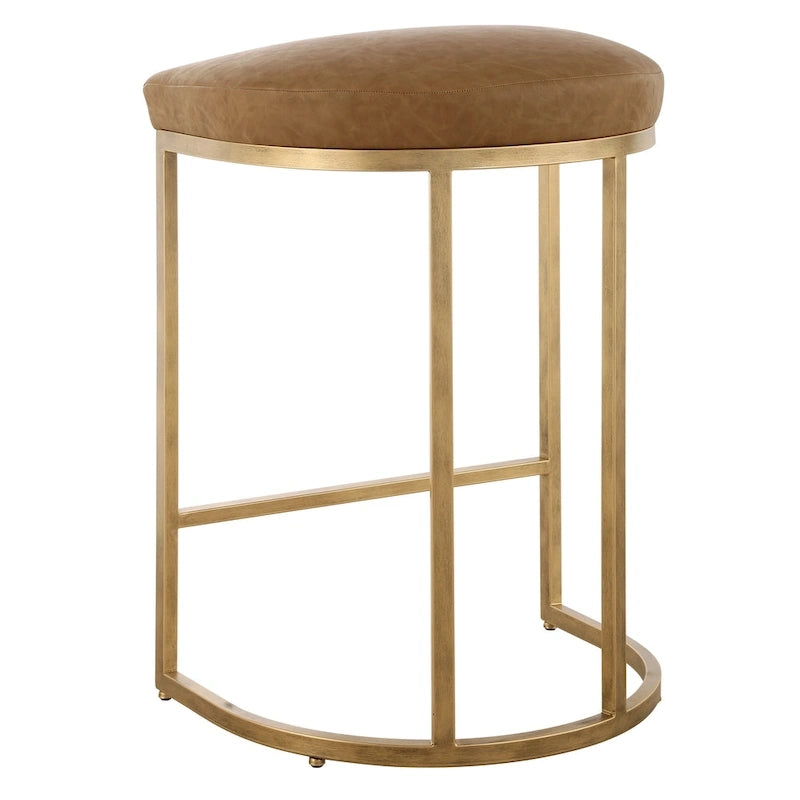 Sgabello da bancone con base in metallo color oro a mezza luna e cuscino color cammello