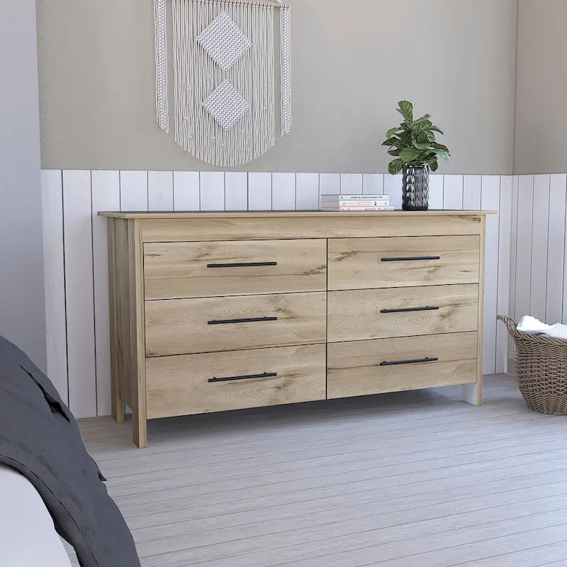 FM Furniture Luxor 6 Drawer Double Dresser with Roller Guides, Metal Pulls and 4 Legs