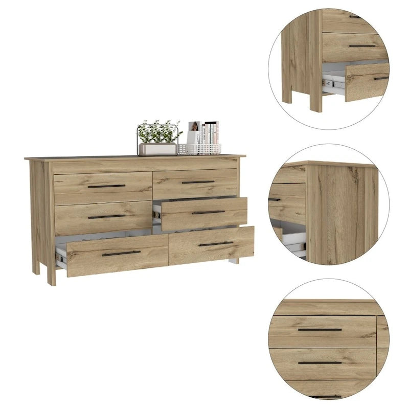 FM Furniture Luxor 6 Drawer Double Dresser with Roller Guides, Metal Pulls and 4 Legs