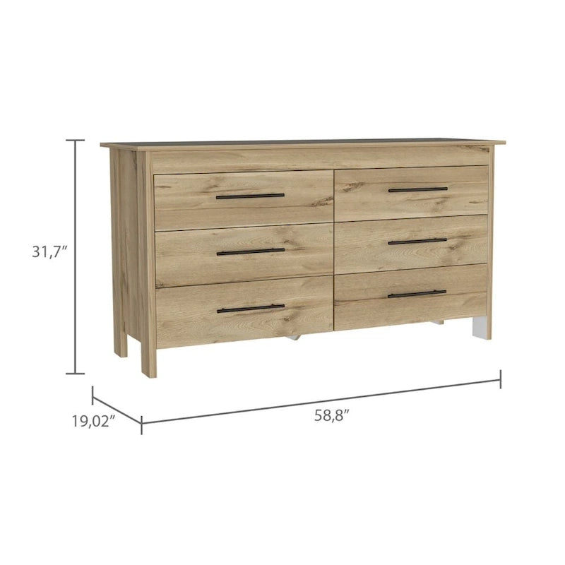 FM Furniture Luxor 6 Drawer Double Dresser with Roller Guides, Metal Pulls and 4 Legs