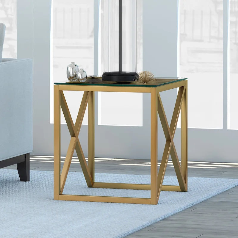 Tavolino Dixon X-Base in metallo e vetro con finitura ottone dorato