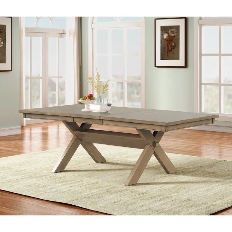 Roundhill Furniture Raven Wood 9-Piece Dining Set, Extendable Trestle Dining Table with 8 Chairs, Glazed Pine Brown