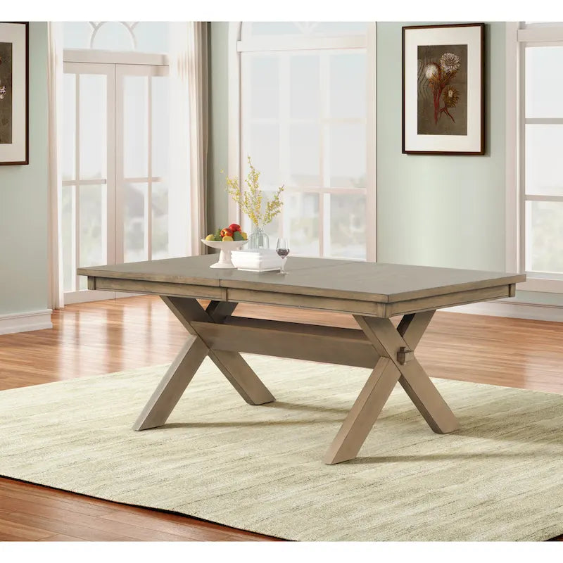 Roundhill Furniture Raven Wood 9-Piece Dining Set, Extendable Trestle Dining Table with 8 Chairs, Glazed Pine Brown