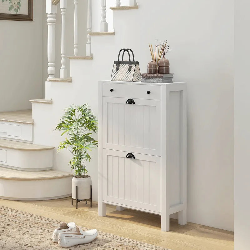HOMCOM Shoe Cabinet, Freestanding Shoe Storage Cabinet Organizer with 2 Flip Drawers, Adjustable Shelves