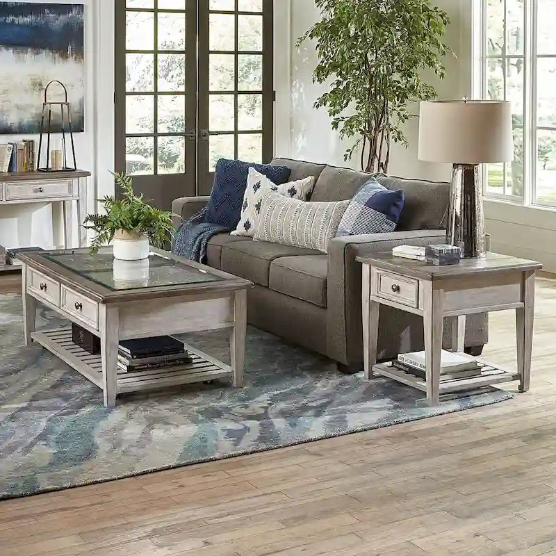 Heartland Antique White Living Room Table Set 3 Piece with Coffee Table, Side Tables