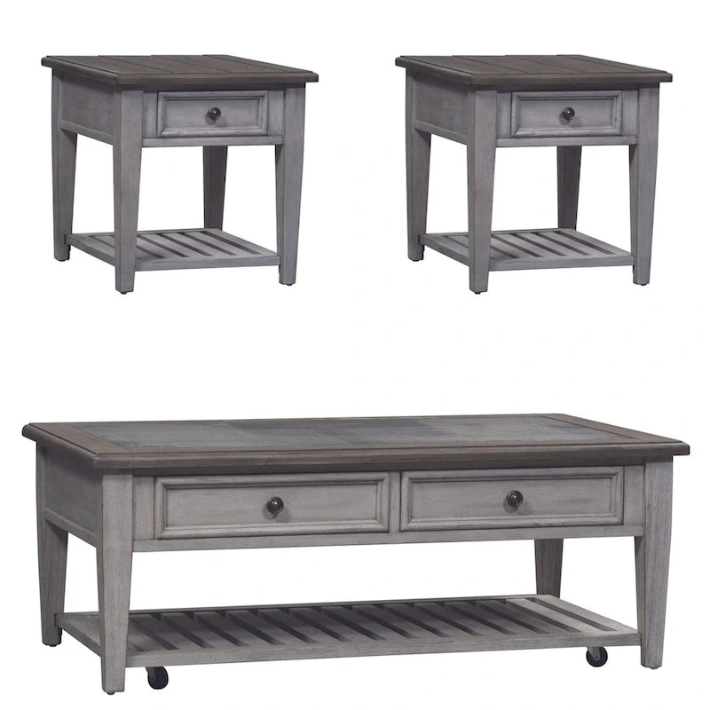 Heartland Antique White Living Room Table Set 3 Piece with Coffee Table, Side Tables