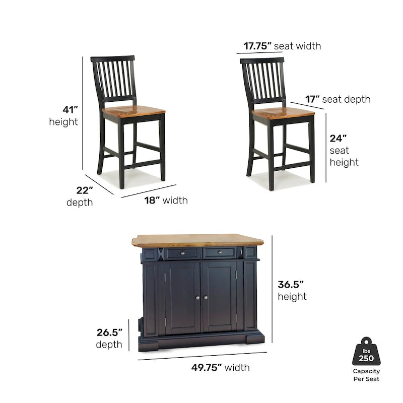 Set da Cucina con Isola e Sgabelli Distressed Oak a 3 Pezzi Homestyles