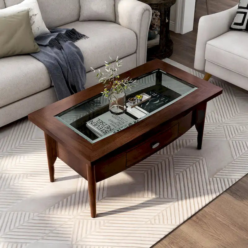 Tavolino da Salotto con Cassetto in Vetro Noce Tradizionale Genoa 44 pollici di Furniture of America