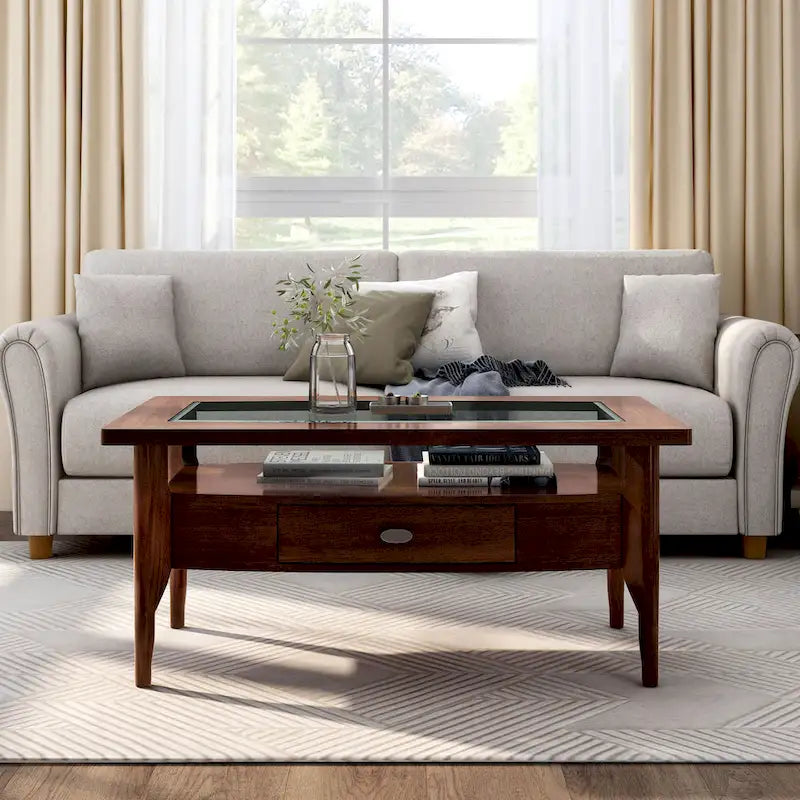 Tavolino da Salotto con Cassetto in Vetro Noce Tradizionale Genoa 44 pollici di Furniture of America