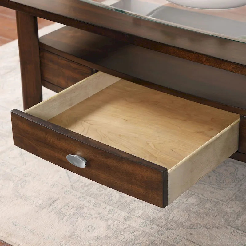 Tavolino da Salotto con Cassetto in Vetro Noce Tradizionale Genoa 44 pollici di Furniture of America