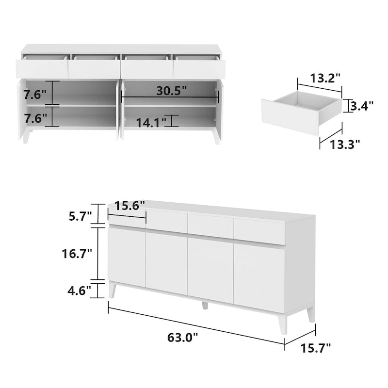 Madia Buffet Cassettiera Tavolo Console Bianco/Nero 4 Ante 4 Cassetti