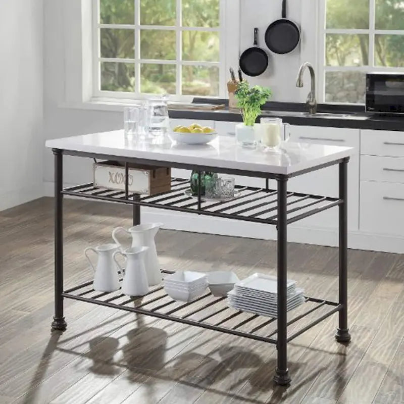 Kitchen Island with Marble Top in White and Gray
