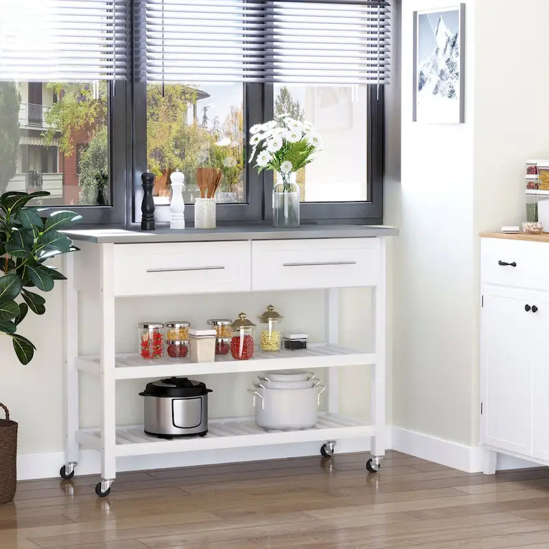 HOMCOM Stainless Steel Top Kitchen Island Rolling Utility Cart with Drawers & Shelves - White
