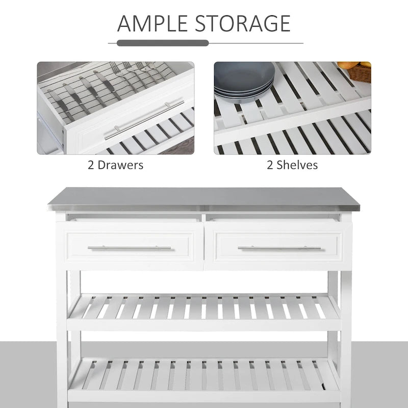 HOMCOM Stainless Steel Top Kitchen Island Rolling Utility Cart with Drawers & Shelves - White