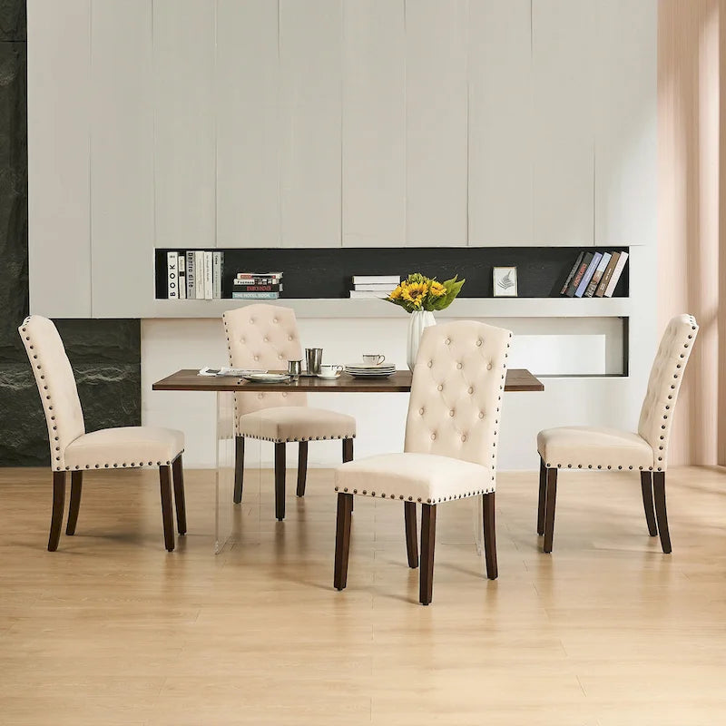 Fabric Upholstered Tufted Dining Chairs with Nailhead Trim Set of 4