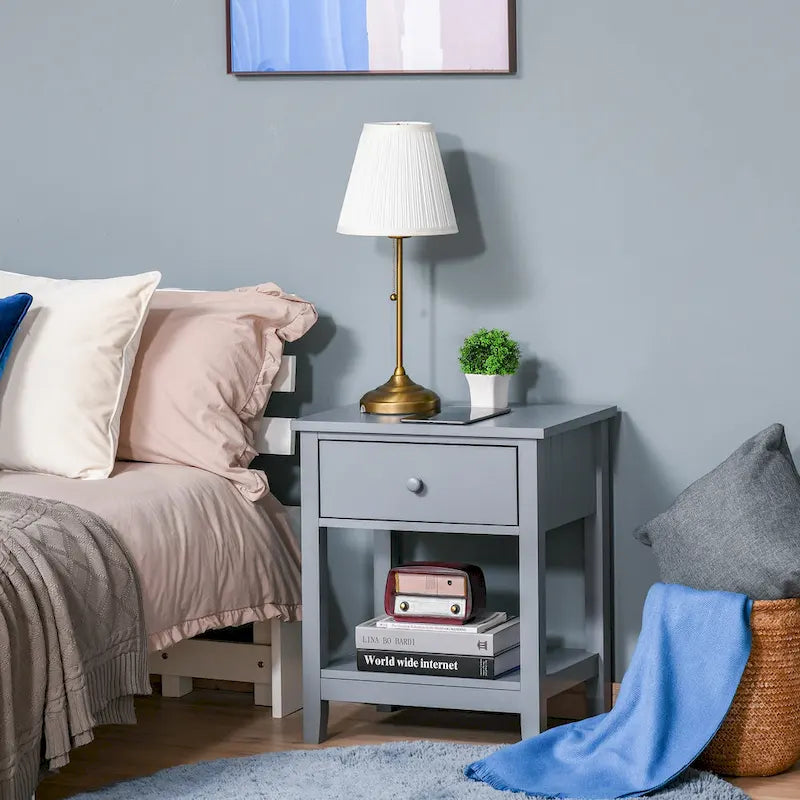 HOMCOM Modern Style Bedside End Table with Drawer and Storage Shelf for Bedroom, or Living Room - 19.75x13.75x23.5