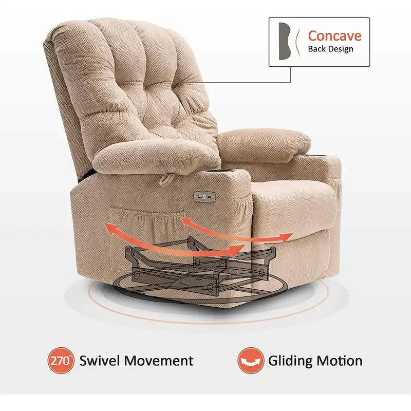 MCombo Electric Power Swivel Glider Recliner Chair with Cup and USB Ports for Nursery, Fabric 7797