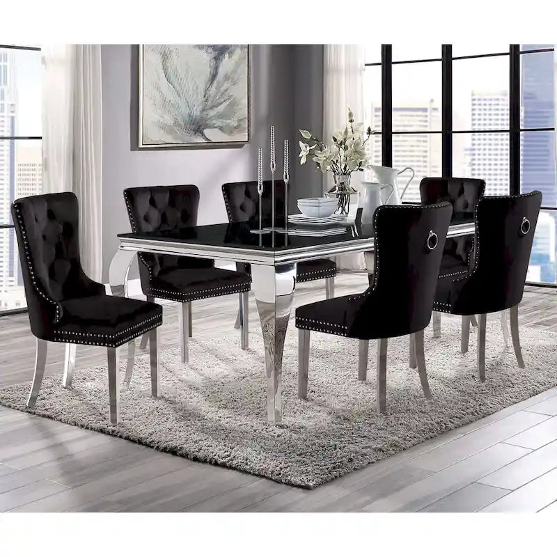 Tavolo da pranzo Furniture of America Pizo Glam da 79 pollici con gambe cromate e piano in vetro