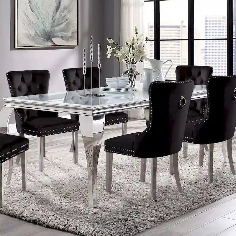Tavolo da pranzo Furniture of America Pizo Glam da 79 pollici con gambe cromate e piano in vetro