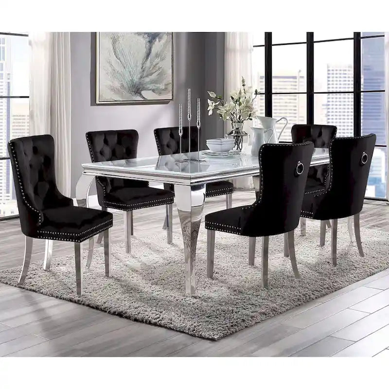 Tavolo da pranzo Furniture of America Pizo Glam da 79 pollici con gambe cromate e piano in vetro
