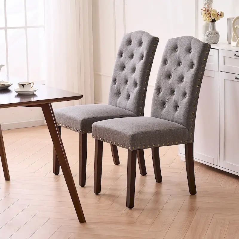 Fabric Upholstered Tufted High Back Dining Chairs with Nailhead Trim Set of 2