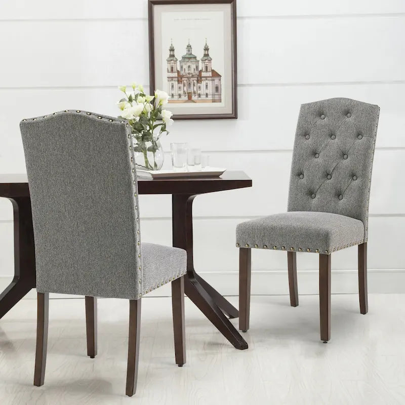 Fabric Upholstered Tufted High Back Dining Chairs with Nailhead Trim Set of 2