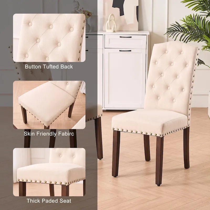 Fabric Upholstered Tufted High Back Dining Chairs with Nailhead Trim Set of 2