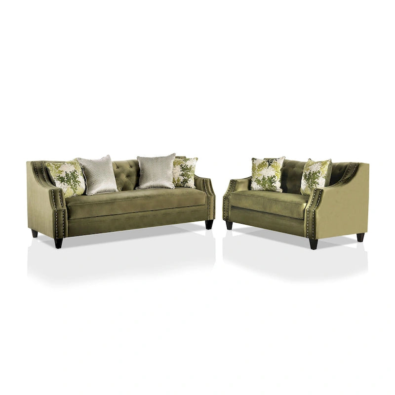 Set da soggiorno 2 pezzi Olie Transitional Green Microfiber Sloped Arms di Furniture of America
