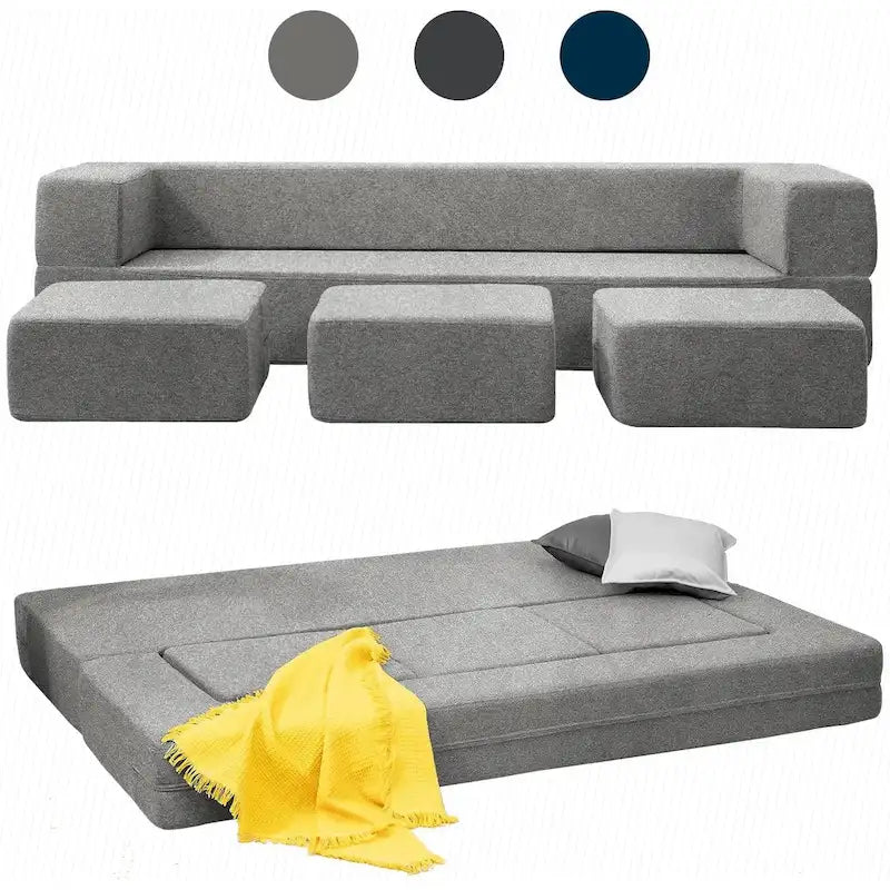 Mixoy Queen Divano Letto Futon Convertibile in Velluto con 3 Pouf, Memory Foam, Divano Letto Pieghevole